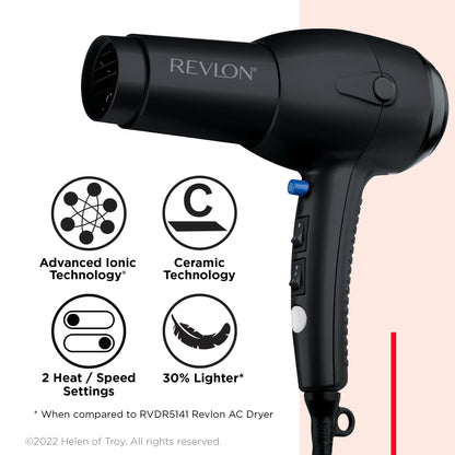 Revlon RV544FBLK Advanced Ionic Technology™ Hair Dryer with Diffuser, Powerful, Ionic Hair Dryer with Concentrator, Quick Dry, Lightweight, 2 Heat/ Speed Settings, Less Frizz, Shiny and Smooth Hair, Black REVLON