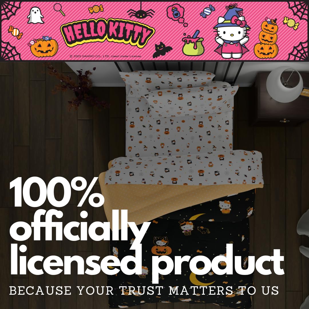Sanrio Hello Kitty Halloween Pumpkin Full Bed Set – Super Soft & Cozy 5 Piece Reversible Comforter and Sheet Set (Officially Licensed Product) by Franco