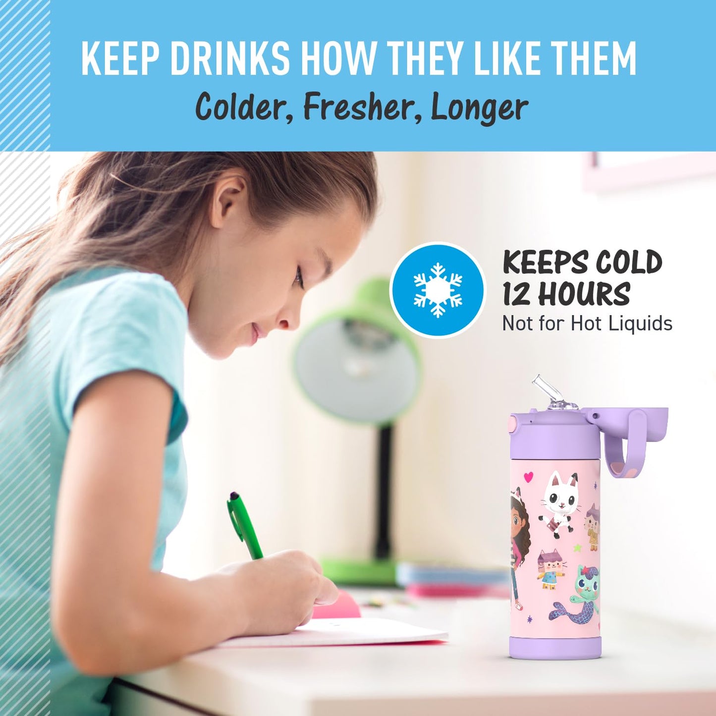 THERMOS FUNTAINER Water Bottle with Straw, 14oz, Gabbys Dollhouse