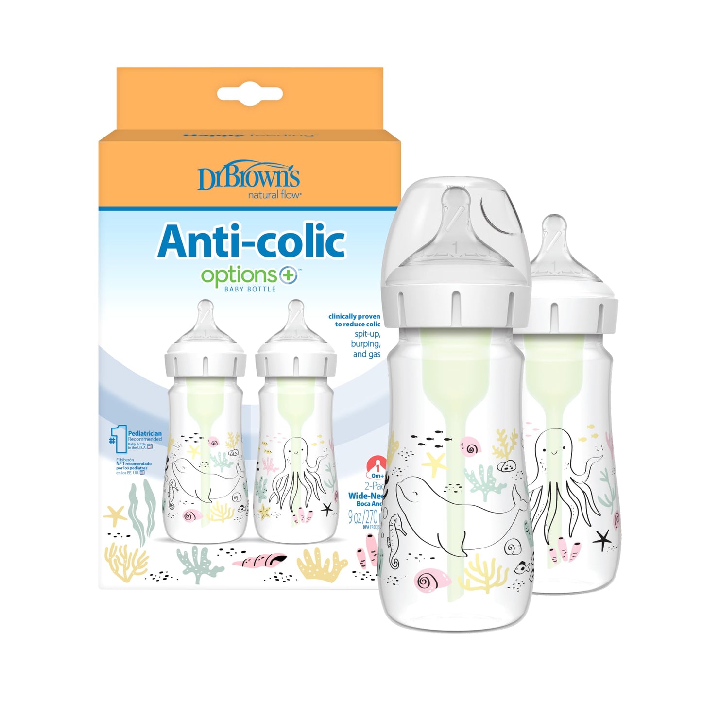 Dr. Brown’s Natural Flow Anti-Colic Options+ Wide-Neck Baby Bottle Designer Edition Bottles, Ocean Decos, 9 oz/270 mL, Level 1 Nipple, 2-Pack, 0m+ 🍁 All In One Marketplace Canada