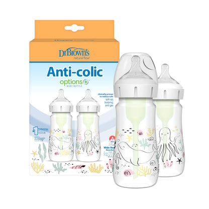 Dr. Brown’s Natural Flow Anti-Colic Options+ Wide-Neck Baby Bottle Designer Edition Bottles, Ocean Decos, 9 oz/270 mL, Level 1 Nipple, 2-Pack, 0m+ 🍁 All In One Marketplace Canada