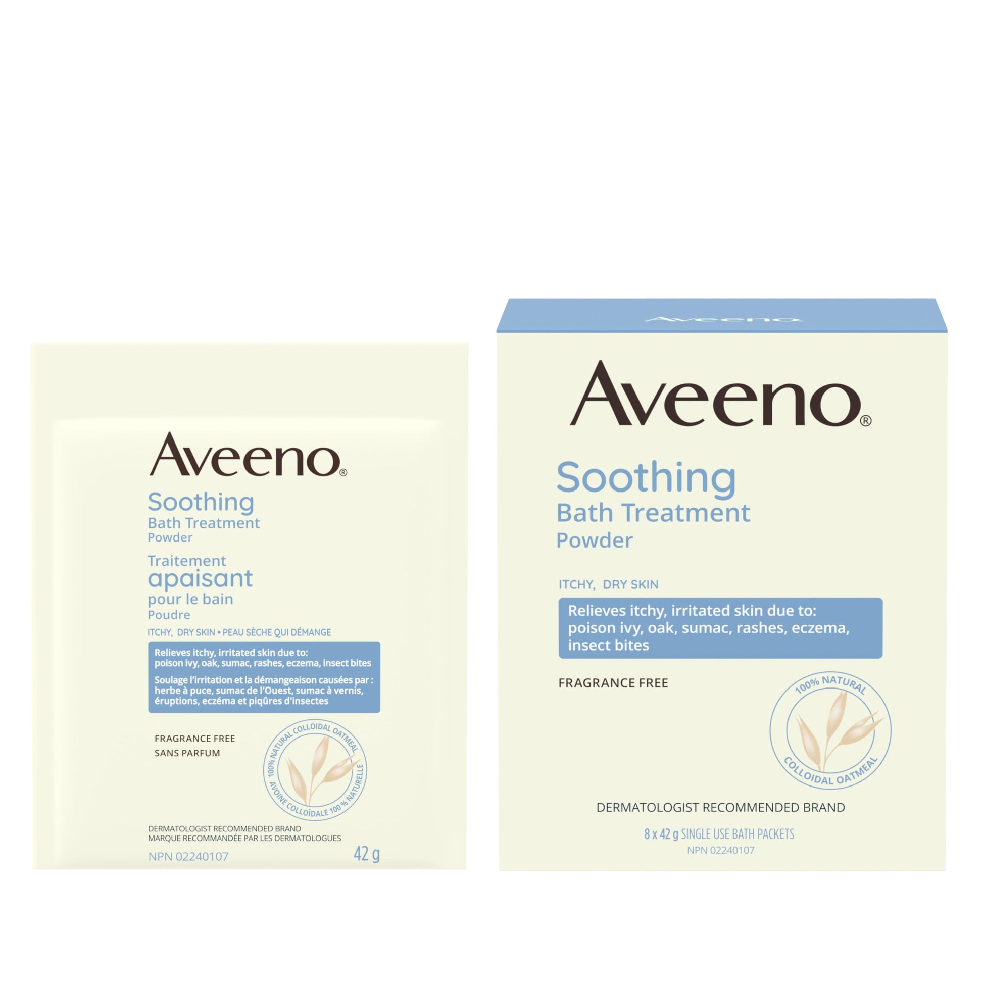 Aveeno Soothing Bath Treatment, Eczema, Dry Skin Relief, Colloidal Oatmeal Bath, Cleanser, Fragrance Free, 8-pack, 42 gram - Available at All In One Marketplace Canada
