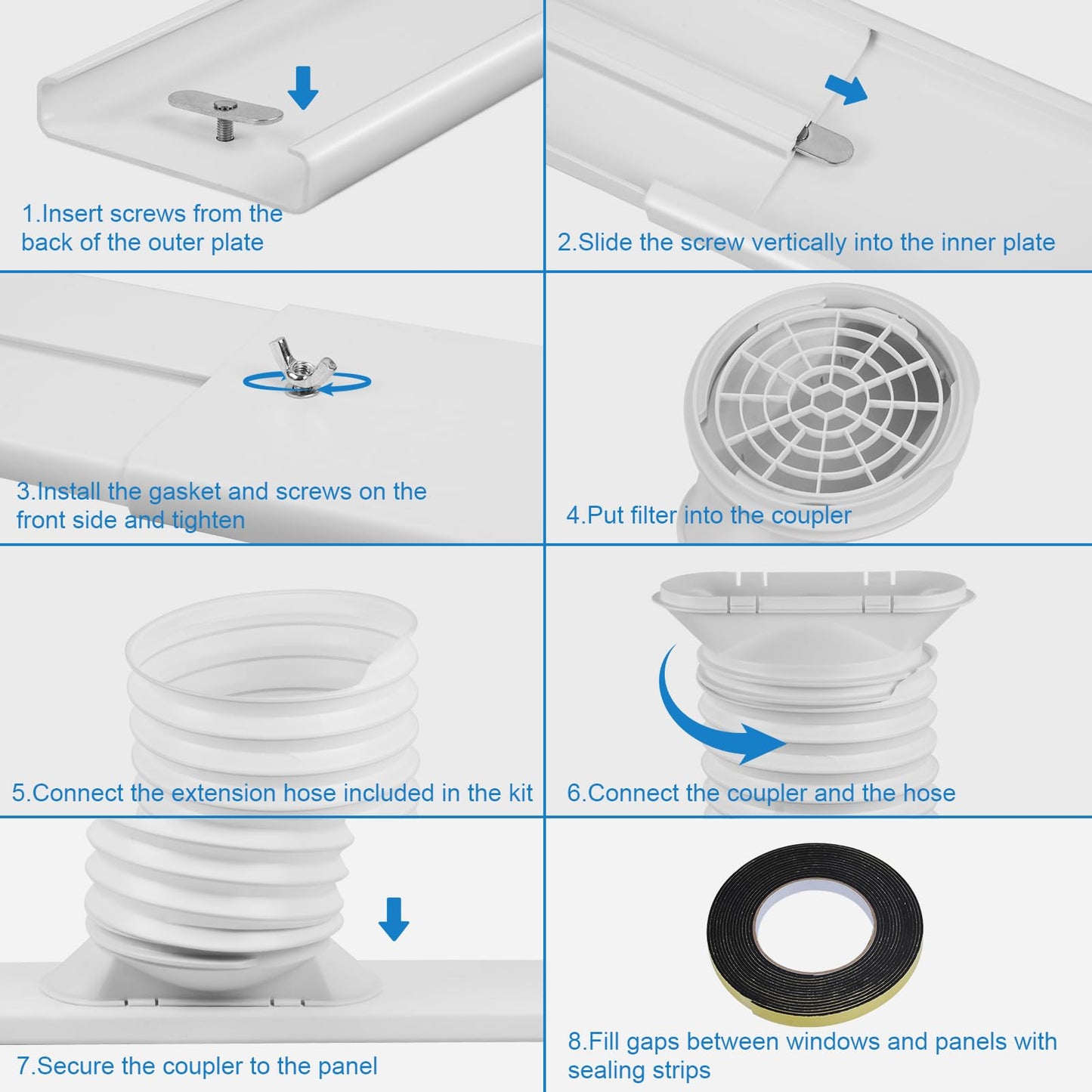 Portable Air Conditioner Window Kit with 5.9" Exhaust Hose, Portable AC Window Vent Kit for Sliding Window Seal with PVC Plate, Universal Coupler Fits 5.9 & 5.1 Inch Diameter Exhaust Hose - Available at All In One Marketplace Canada