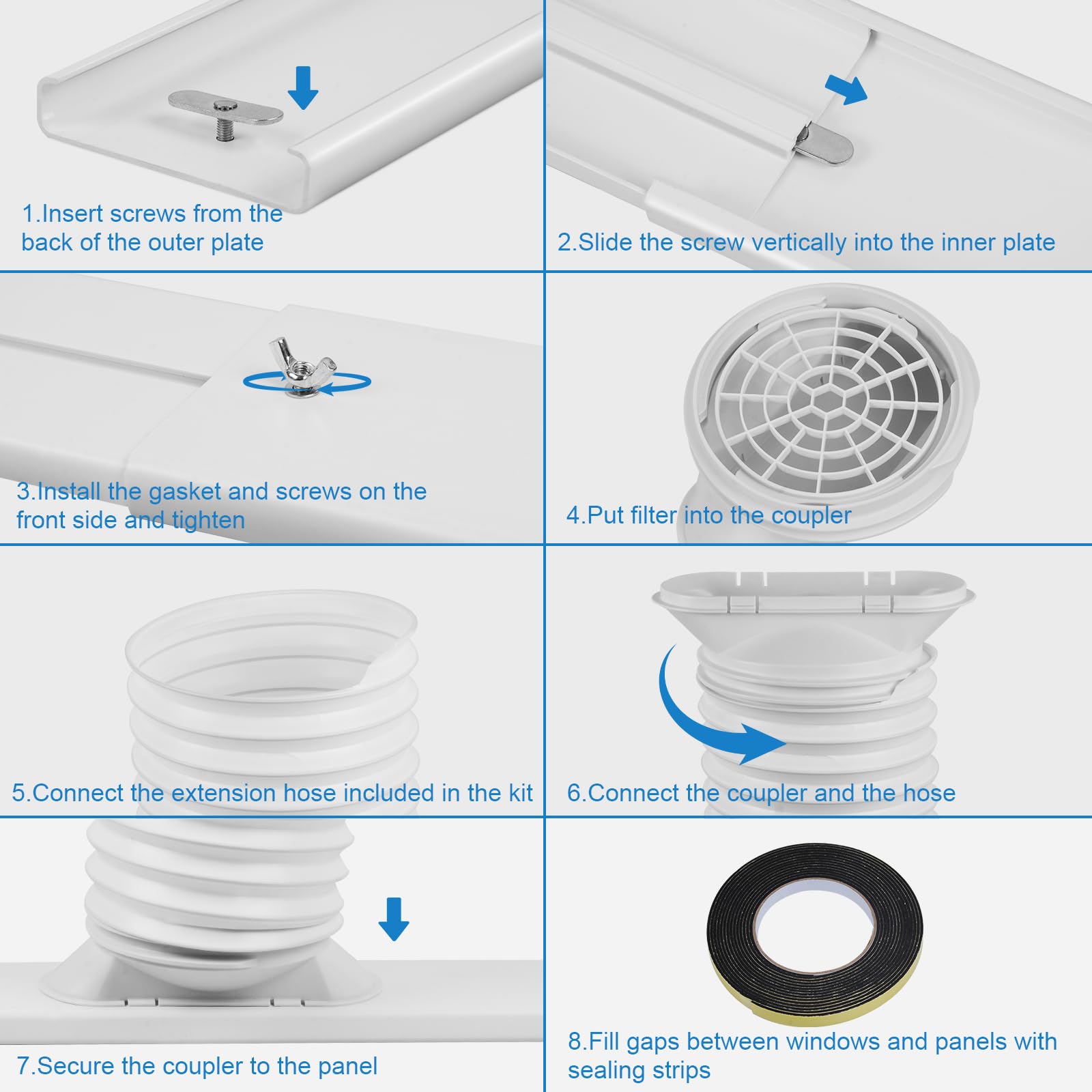 Portable Air Conditioner Window Kit with 5.9" Exhaust Hose, Portable AC Window Vent Kit for Sliding Window Seal with PVC Plate, Universal Coupler Fits 5.9 & 5.1 Inch Diameter Exhaust Hose - Available at All In One Marketplace Canada
