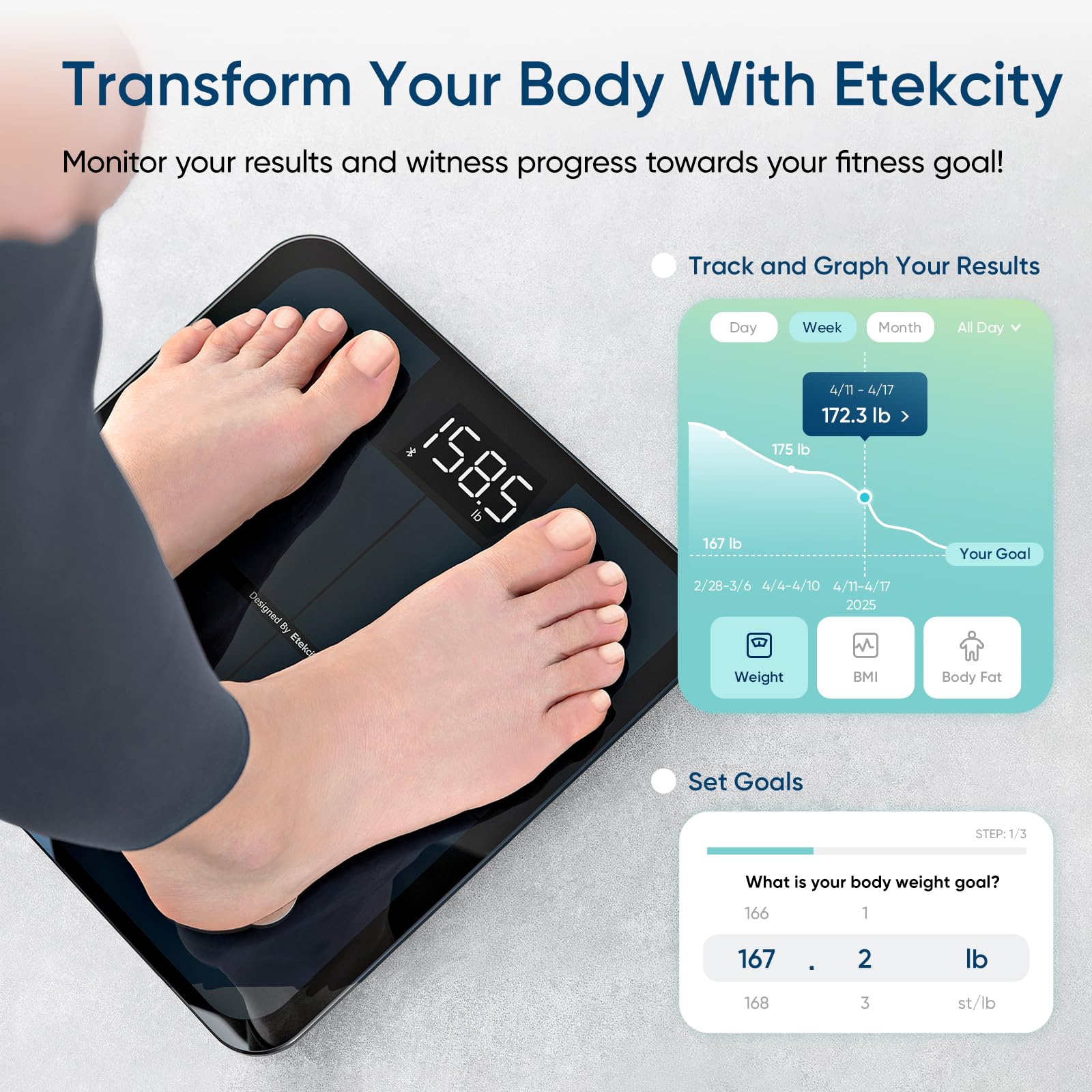 Etekcity Body Fat Scale Smart BMI Scale, Smart Weighing Scale , Bluetooth Electronic Body Analyzer Machine, Accurate Machine, 400lb Black ESF-551 - Available at All In One Marketplace Canada