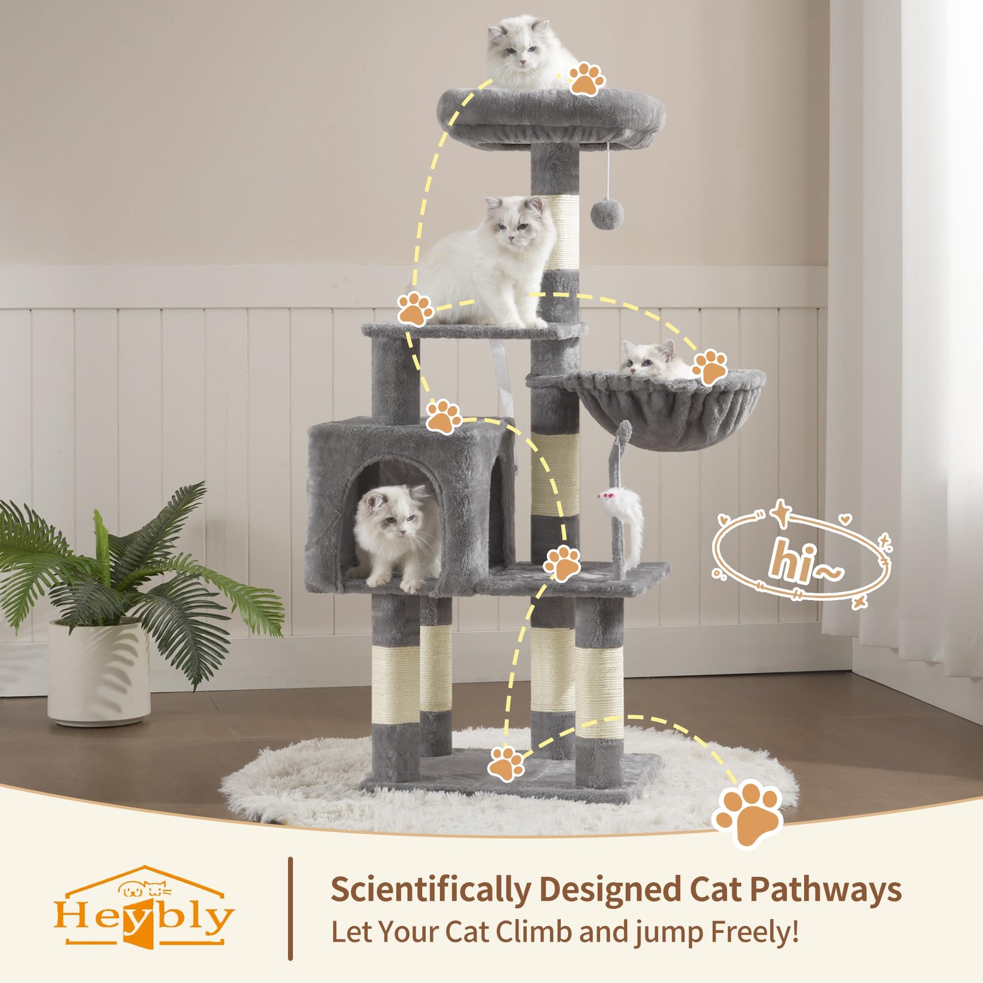 Heybly Cat Tree with Toy, Cat Tower condo for Indoor Cats, Cat House with Padded Plush Perch, Cozy Hammock and Sisal Scratching Posts, Light Gray S HCT004SW