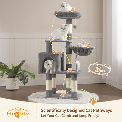Heybly Cat Tree with Toy, Cat Tower condo for Indoor Cats, Cat House with Padded Plush Perch, Cozy Hammock and Sisal Scratching Posts, Light Gray S HCT004SW