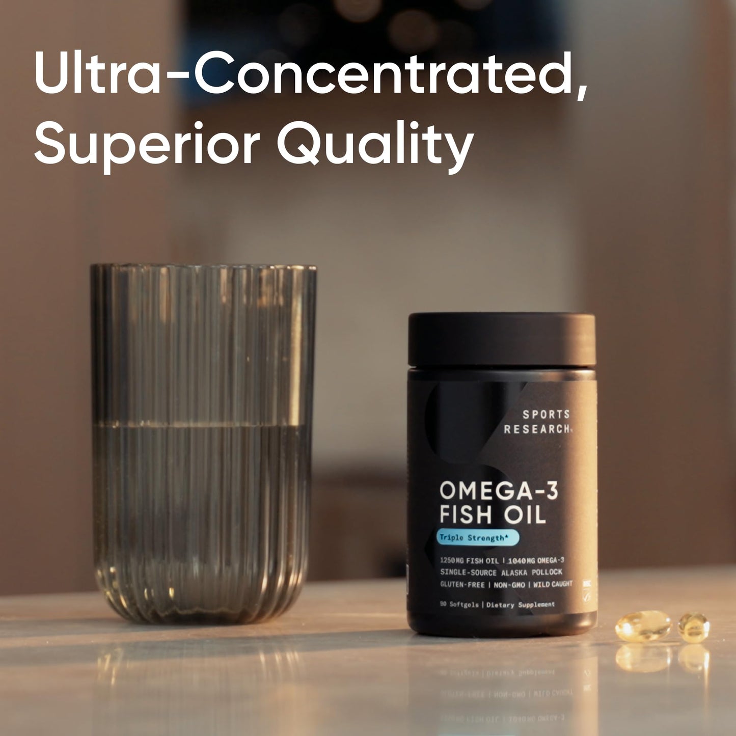 Sports Research Triple Strength Omega 3 Fish Oil - Burpless Fish Oil Supplement w/EPA & DHA Fatty Acids from Wild Alaskan Pollock - Heart, Brain & Immune Support for Men & Women - 1250 mg, 90 ct