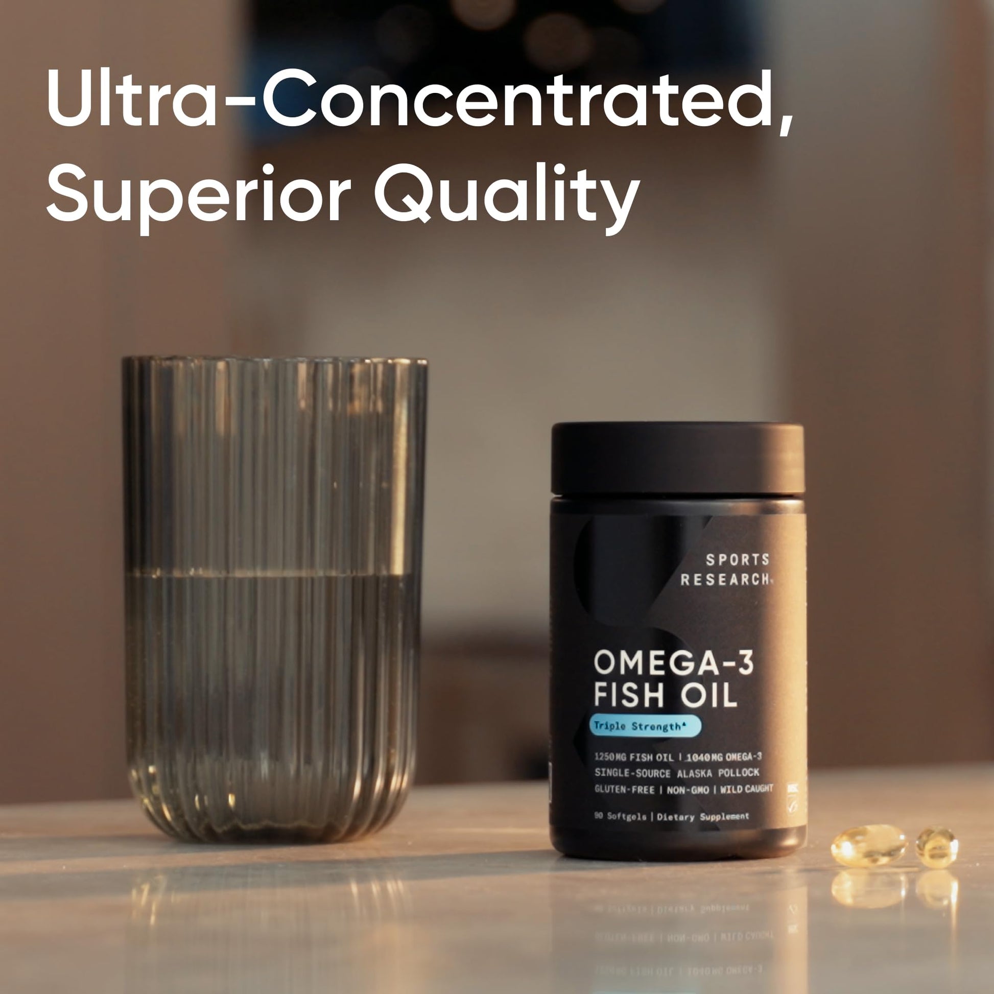 Sports Research Triple Strength Omega 3 Fish Oil - Burpless Fish Oil Supplement w/EPA & DHA Fatty Acids from Wild Alaskan Pollock - Heart, Brain & Immune Support for Men & Women - 1250 mg, 90 ct