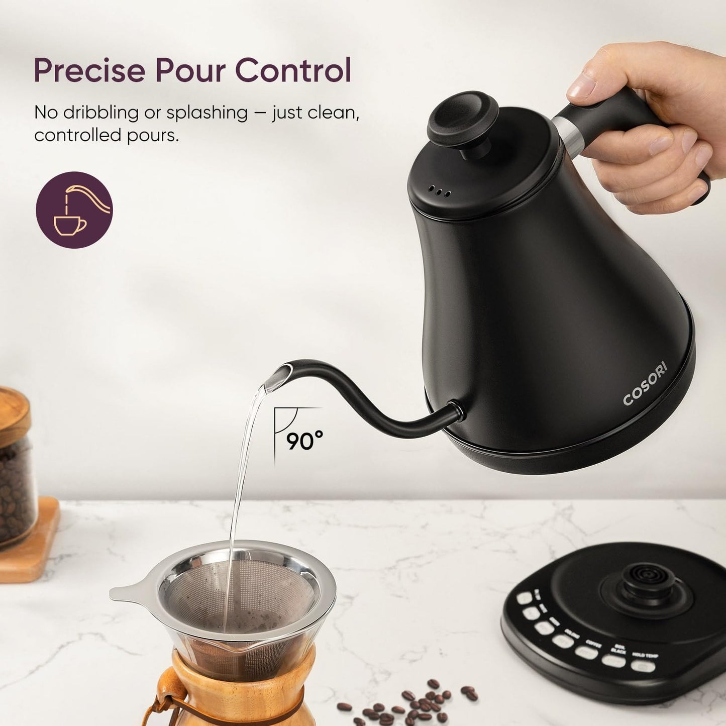 Cosori Electric Gooseneck Kettle,5 Temperature Control Presets, Pour Over Kettle for Coffee & Tea, 1200W Fast Heating, 100% Stainless Steel Inner Lid & Bottom, Tea Kettle, 0.8L/Matte Black