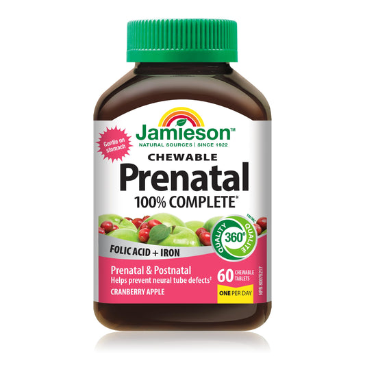 Jamieson Prenatal 100% Complete Multivitamin Chewable Cranberry Apple Flavour, with Folic Acid and Iron. Formulated for Prenatal and Postnatal, and While Breastfeeding, Prevents Neural Tube Defects, No Artificial Colours or Flavours, One Per Day, 60 Count - Available at All In One Marketplace Canada