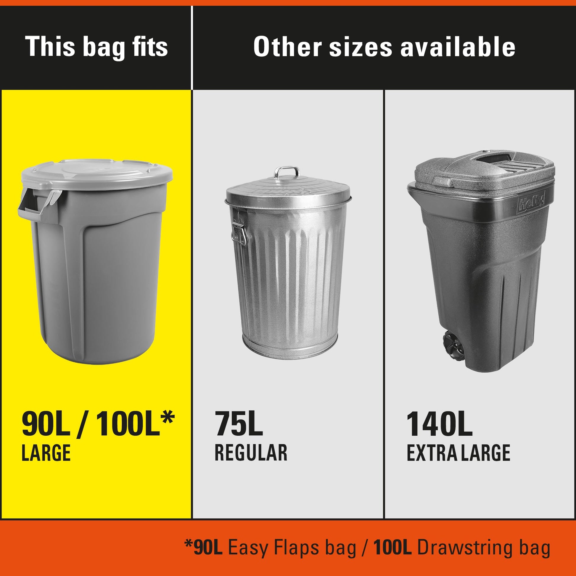 Hefty™ Garbage Bags, Value Pack Large 90 Litres Black, Drawstring, 80 Bags, Fits simplehuman code X
