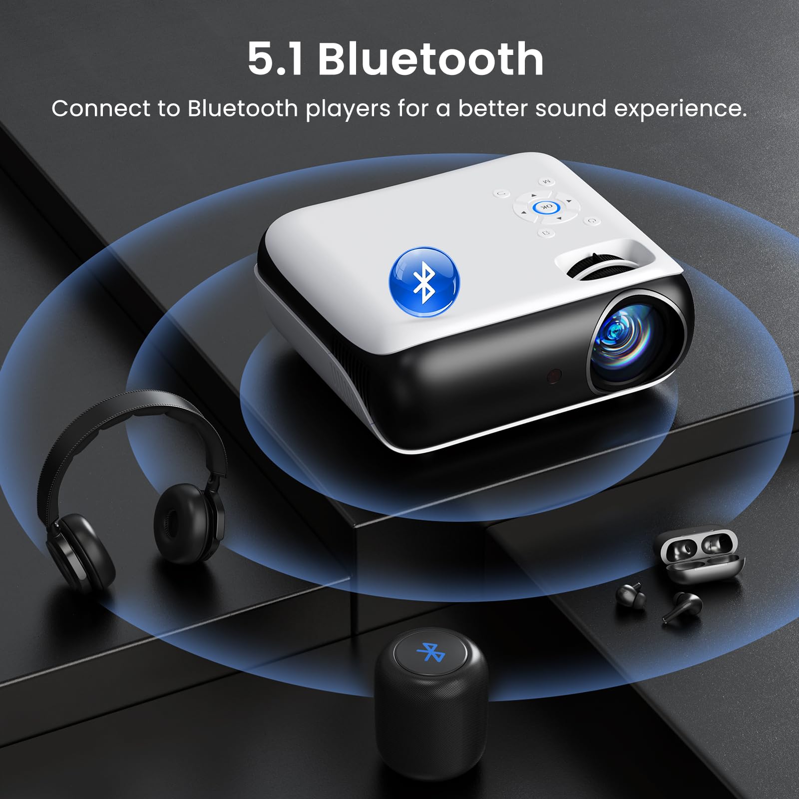 HAPPRUN Native 1080P Bluetooth Projector, Full HD Portable Outdoor Movie Projector with Built-in Speaker, Compatible with Smartphone, HDMI, USB, AV, Fire Stick, PS5 for Home, Bedroom, Outdoor Use