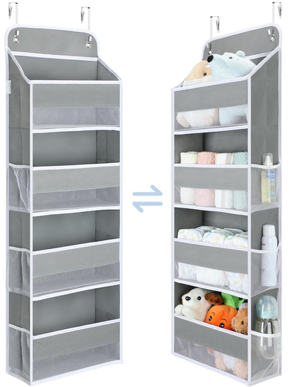 Yecaye 1 Pack Over the Door Organizer, 35.2lbs Load Closet Door Organizer Hanging, Swing-proof Diaper Organizer Storage with 4 Big Pockets 6 Mesh Pockets for Nursery Newborn Baby Essentials Stuff