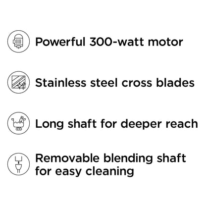 Chefman Immersion Blender, 300W Hand Blender with Stainless Steel Blades, Powerful Electric Ice Crushing 2-speed Control Handheld Food Mixer, Purées, Smoothies, Shakes, Sauces & Soups, Black Chefman