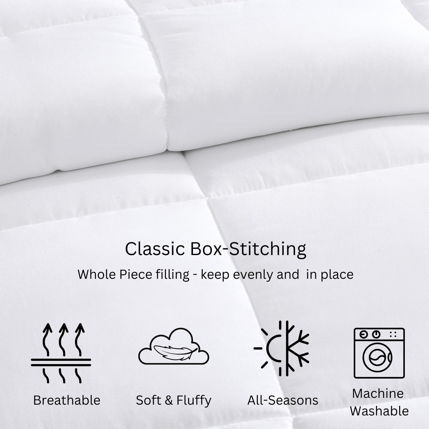 Comforter Queen Size - Down Alternative Hypoallergenic Duvet Insert, Ultra-Soft Microfiber, Box-Stitch Quilted with Corner Tabs, All Season, Machine Washable, 88x88 - White