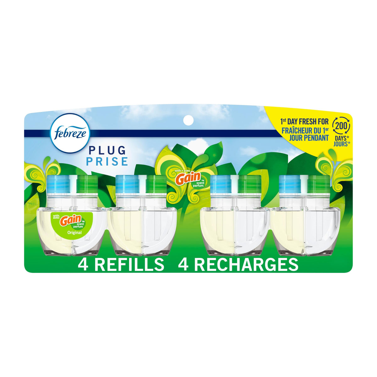 Febreze Plug in Air Freshener, Odor-Fighting Scented Oil Refill, Air Fresheners for Home and Bathroom and Kitchen, Long Lasting for Strong Odors, Gain Original Scent, Refills, 4 Count