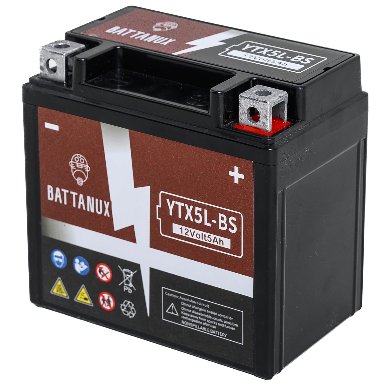 Battanux YTX5L-BS 12V5Ah SLA/AGM Motorcycle Battery - Maintenance Free, No Tool Installation, Advanced Tech, Environmental | Fits ATV/UTV/Snowmobile/Motorbike