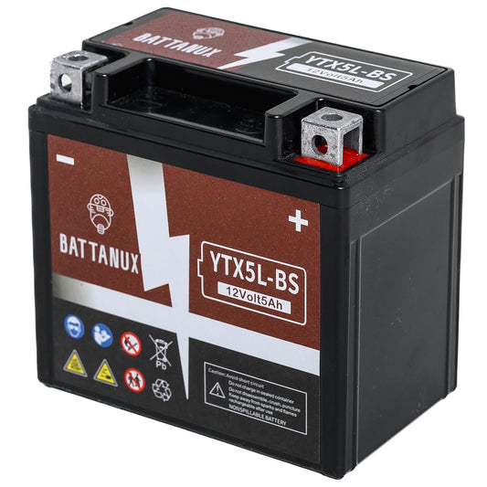 Battanux YTX5L-BS 12V5Ah SLA/AGM Motorcycle Battery - Maintenance Free, No Tool Installation, Advanced Tech, Environmental | Fits ATV/UTV/Snowmobile/Motorbike