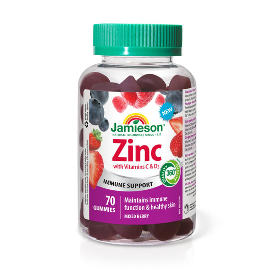 Jamieson Zinc 15 mg, 70 Gummies, Mixed Berry Flavour. With 50 mg Vitamin C and 400 IU Vitamin D3, Supports Immune Health, Bone Health, Healthy Hair, Skin, Nails. Vegetarian - Available at All In One Marketplace Canada