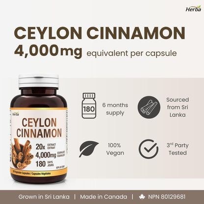 Herba Ceylon Cinnamon Capsules 4000mg - 180 Vegetable Capsules | Powerful 20:1 Extract from Sri Lanka | Equivalent to 4,000mg Dry Ceylon Cinnamon Powder | Made in Canada - Available at All In One Marketplace Canada