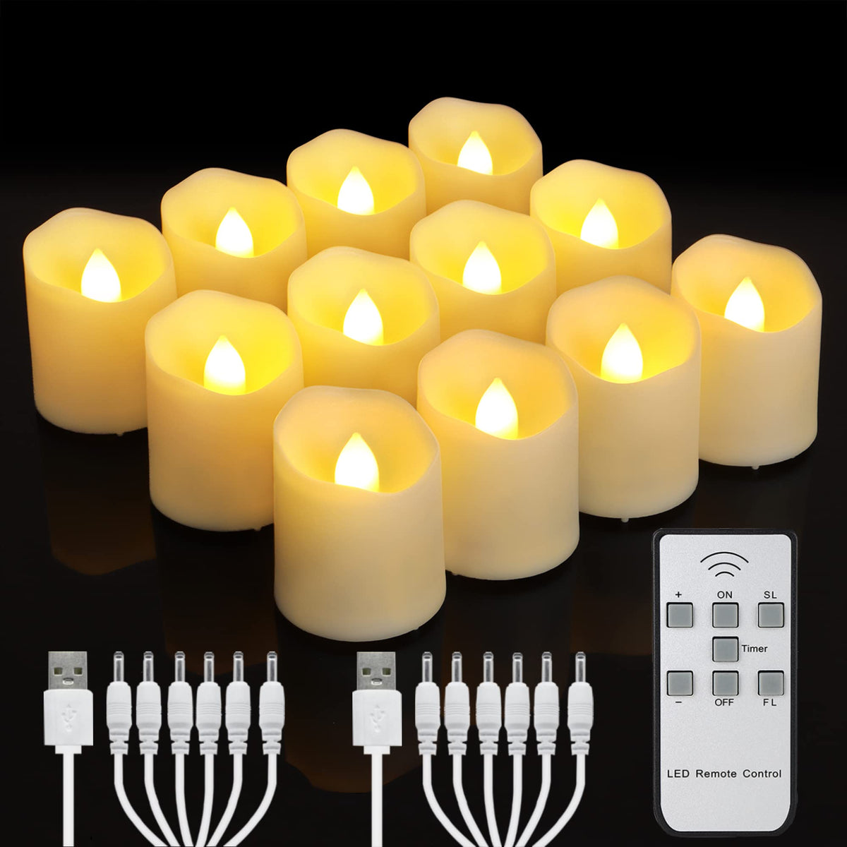 Rechargeable Flameless Tea Lights Candles with Timer & Remote, 12pcs Flickering LED Votive Candles with 2 USB Charging Cables Home, Christmas Festival Decor (Warm White) 🍁 All In One Marketplace Canada