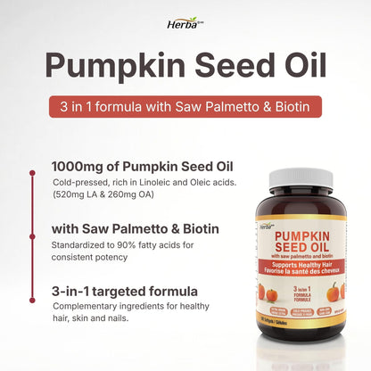Herba Pumpkin Seed Oil Capsules for Hair - 90 Softgels | 3 in 1 with Saw Palmetto and Biotin | Cold Pressed, Extra Virgin, and Non GMO | Made in Canada - Available at All In One Marketplace Canada