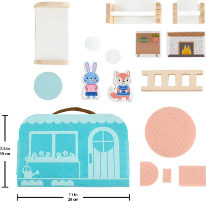 Fisher-Price Wood Pretend Play Toy Dollhouse Carry Along, 15-Piece Wooden Portable Playset for Travel Preschool Kids Ages 3+ Years