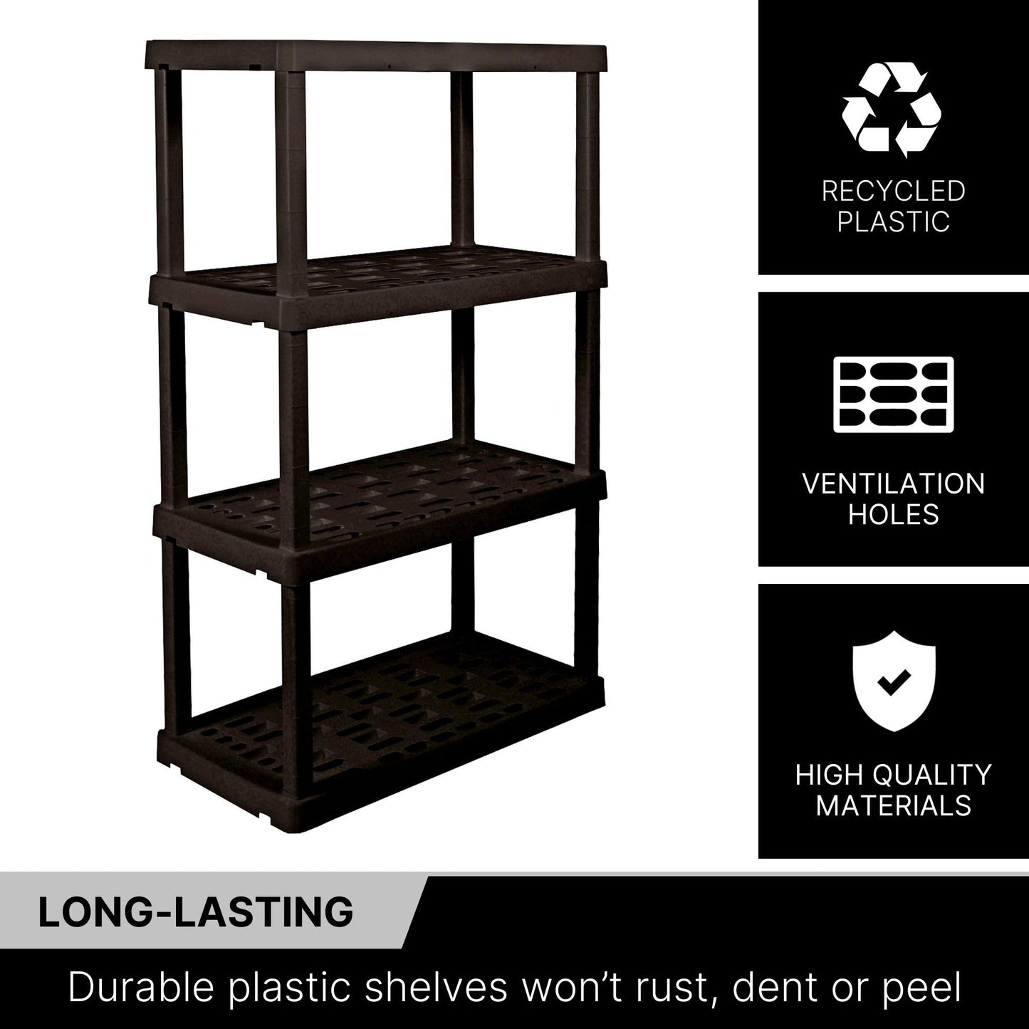 Koolatron Oscar Heavy Duty Plastic Storage Shelves- for Garage, Kitchen, Bathroom Basement, Kids Room, Toys,Stackable 4-Tier Black, Organizer Rack for Books Shoes, Pantry, Cleaning, Made in Canada Koolatron