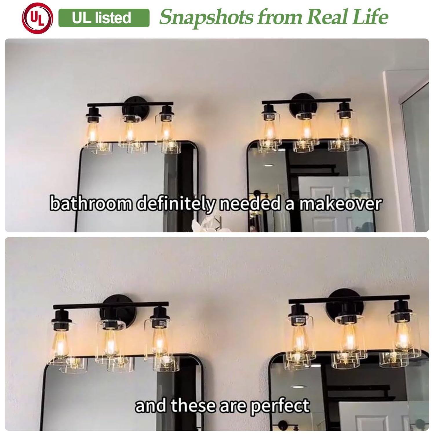 3-Light Bathroom Light Fixtures, Black Bathroom Wall Lights, Modern Bathroom Vanity Light with Clear Glass Shade, Bathroom Wall Lamp for Mirror Kitchen Bedroom Living Room