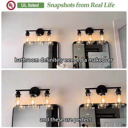 3-Light Bathroom Light Fixtures, Black Bathroom Wall Lights, Modern Bathroom Vanity Light with Clear Glass Shade, Bathroom Wall Lamp for Mirror Kitchen Bedroom Living Room