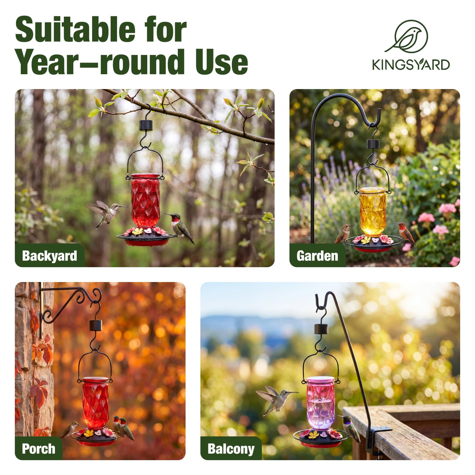 Kingsyard Glass Hummingbird Feeder for Outdoors Hanging, 20 oz Leak-Proof Hummingbird Feeders with 9 Bee Proof Feeding Ports & Ant Moat, Easy to Clean and Refill (Red)