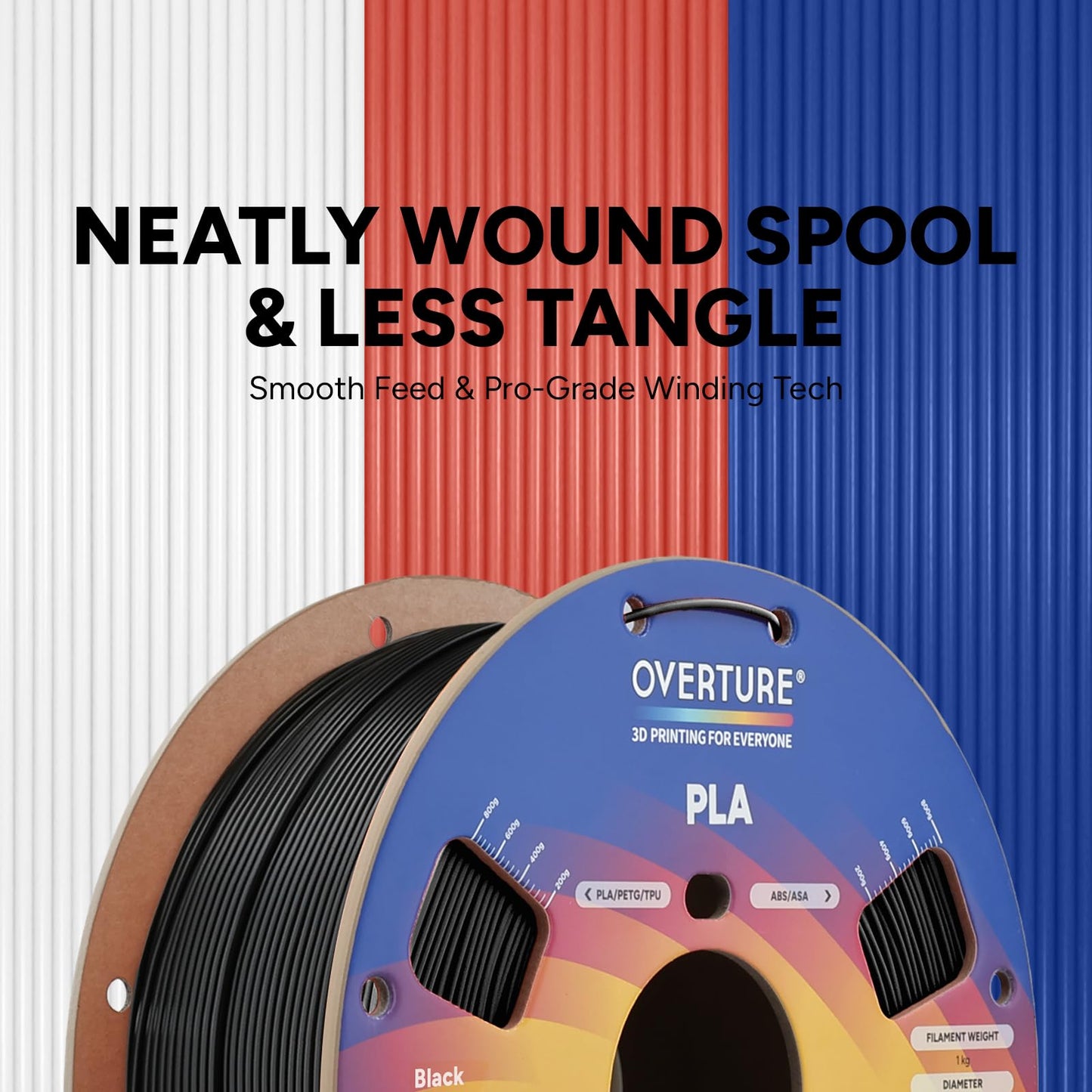 OVERTURE PLA Filament 1.75mm PLA 3D Printer Filament, 1kg Cardboard Spool (2.2lbs), Dimensional Accuracy +/- 0.02mm, Fit Most FDM Printer (Black 1-Pack)