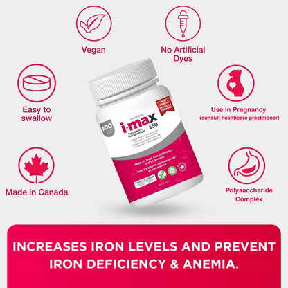 Pharmaris i-max Polysaccharide Iron Complex, 150 mg Elemental Iron Supplement for Treatment and Prevention of Iron Deficiency Anemia, 250 mg Vitamin C, 1000 mcg Vitamin B12, No Artificial Dyes, Vegan, 100 Capsules - Available at All In One Marketplace Canada