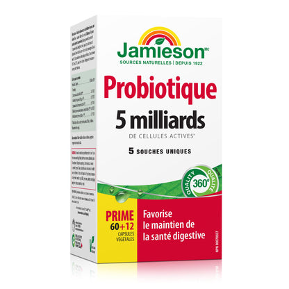 Jamieson Probiotic 5 Billion Active Cells, Bonus Size, Supports Digestive Health and Microbial Diversity. 5 Unique Strains, Including Lactobacillus and Bifidobacterium, Non-GMO, Gluten-Free, 72 Vegetarian capsules - Available at All In One Marketplace Canada