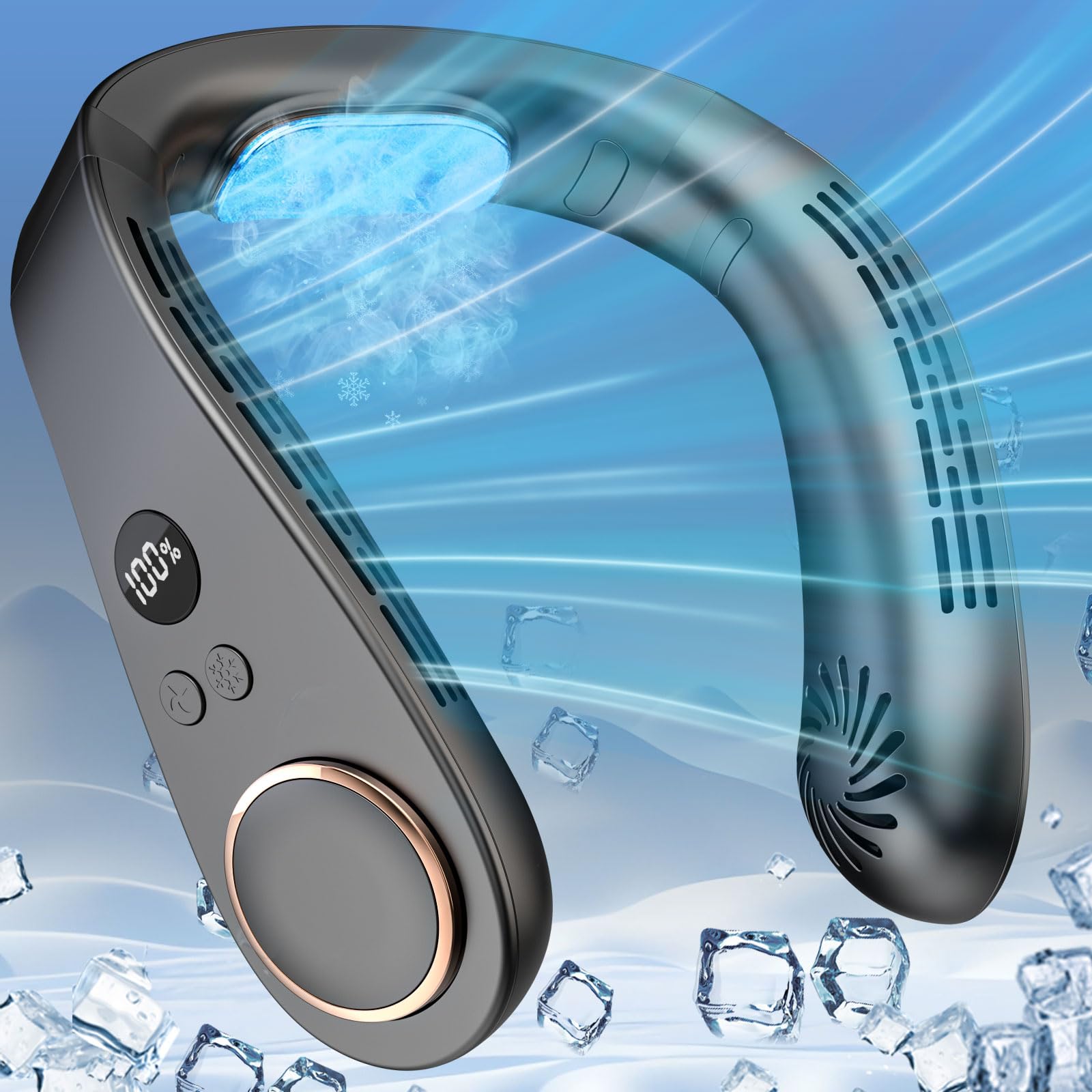 Neck Fan with Cooling Plate-5500mAh Rechargeable, Ultra Quiet Operation, 5 Speeds & 3 Cooling Modes, USB-C Fast Charging, LED Display Battery & Speed, Bladeless Wearable Neck Cooler for Travel Black - Available at All In One Marketplace Canada