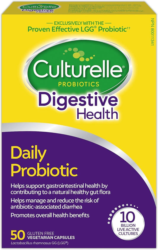 Culturelle Daily Digestive Health Daily Probiotic for Men and Women, With 100% Naturally Sourced Lactobacillus GG Strain, Pharmacist Recommended Gluten Free and Vegan, 50 Count Capsules (Pack of 1) - Available at All In One Marketplace Canada