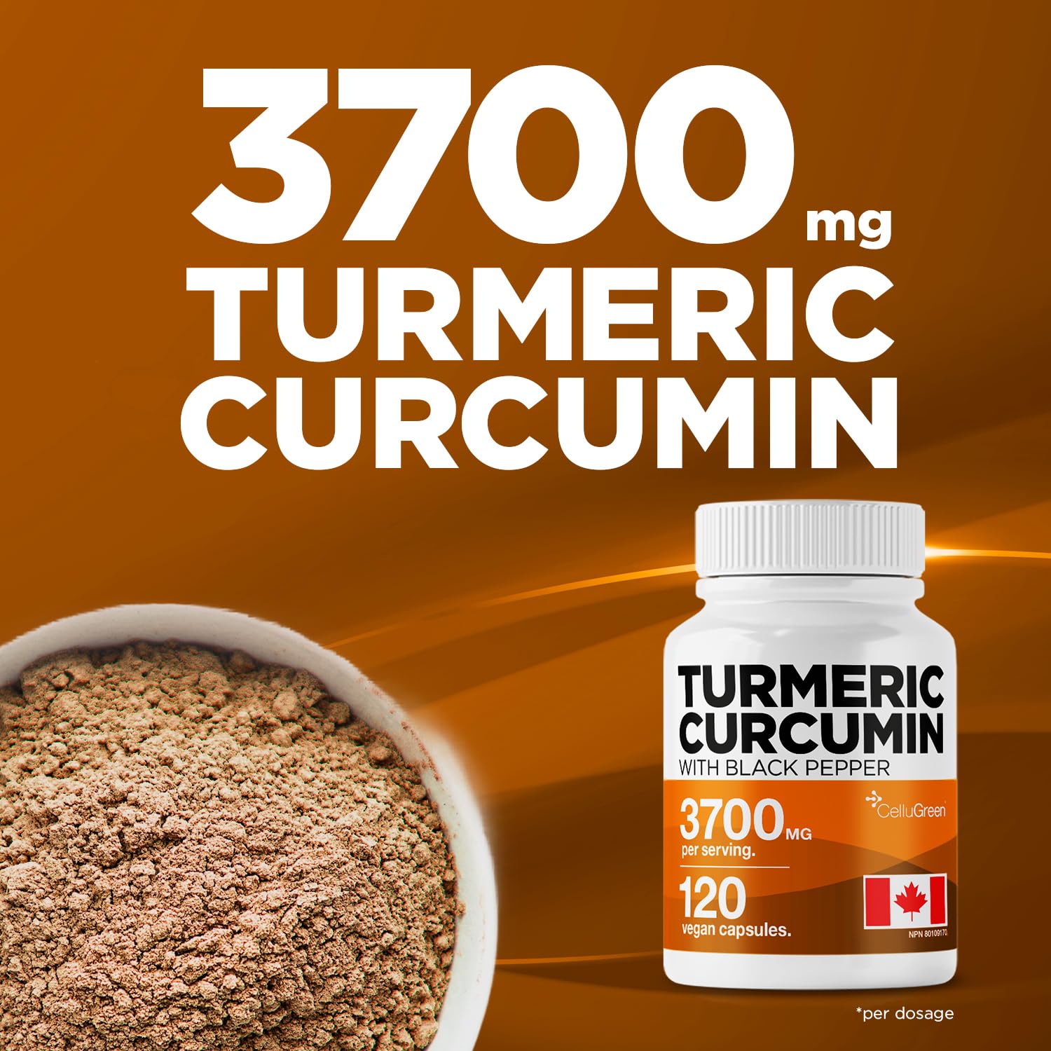 CelluGreen Turmeric Curcumin 3,700mg with Black Pepper Extract — 95% Curcuminoids for Joint Pain Relief & Anti-Inflammatory Support | Curcuma Longa | Non-GMO, Gluten-Free, Made in Canada | 120 Capsules - Available at All In One Marketplace Canada