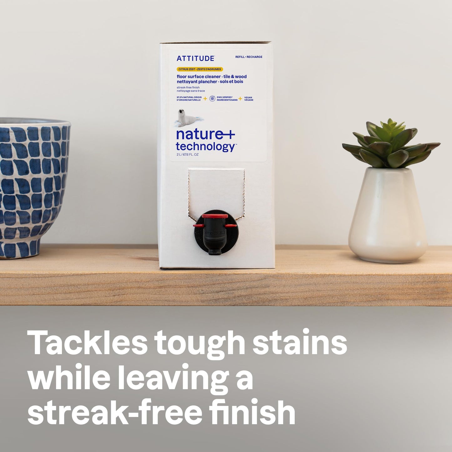 ATTITUDE Floor Cleaner Refill, EWG Verified, Streak-Free, Vegan & Plant-Based for Tile, Wood & Laminate Floors, Made in Canada, Citrus Zest Scent, 2 Liters - Available at All In One Marketplace Canada