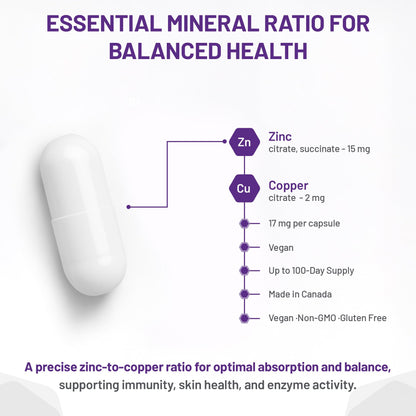 AOR Zinc Copper Balance 17mg, 100 V-Caps, 100-Day Supply - Nutrient Support for Skin, Hair, Bone & Overall Wellness, NON-GMO & Gluten-Free, Easy-to-Swallow, Zinc & Copper Supplements for Men & Women - Available at All In One Marketplace Canada