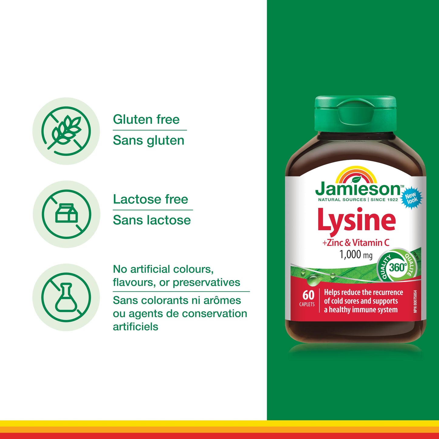 Jamieson Lysine 1,000 mg, with Zinc and Vitamin C, Cold Sore Support, and Helps Immune Health. Essential Amino Acid, Non-GMO, Gluten-Free, 60 Vegetarian Caplets, Proudly Canadian - Available at All In One Marketplace Canada