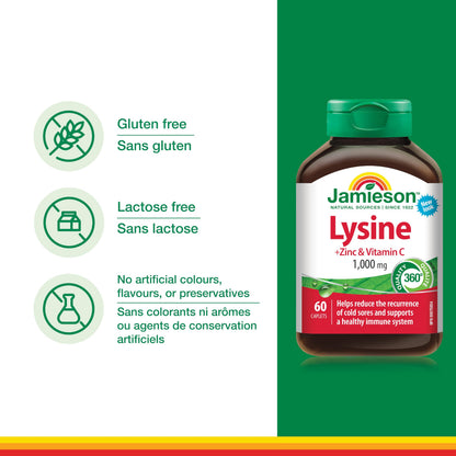 Jamieson Lysine 1,000 mg, with Zinc and Vitamin C, Cold Sore Support, and Helps Immune Health. Essential Amino Acid, Non-GMO, Gluten-Free, 60 Vegetarian Caplets, Proudly Canadian - Available at All In One Marketplace Canada