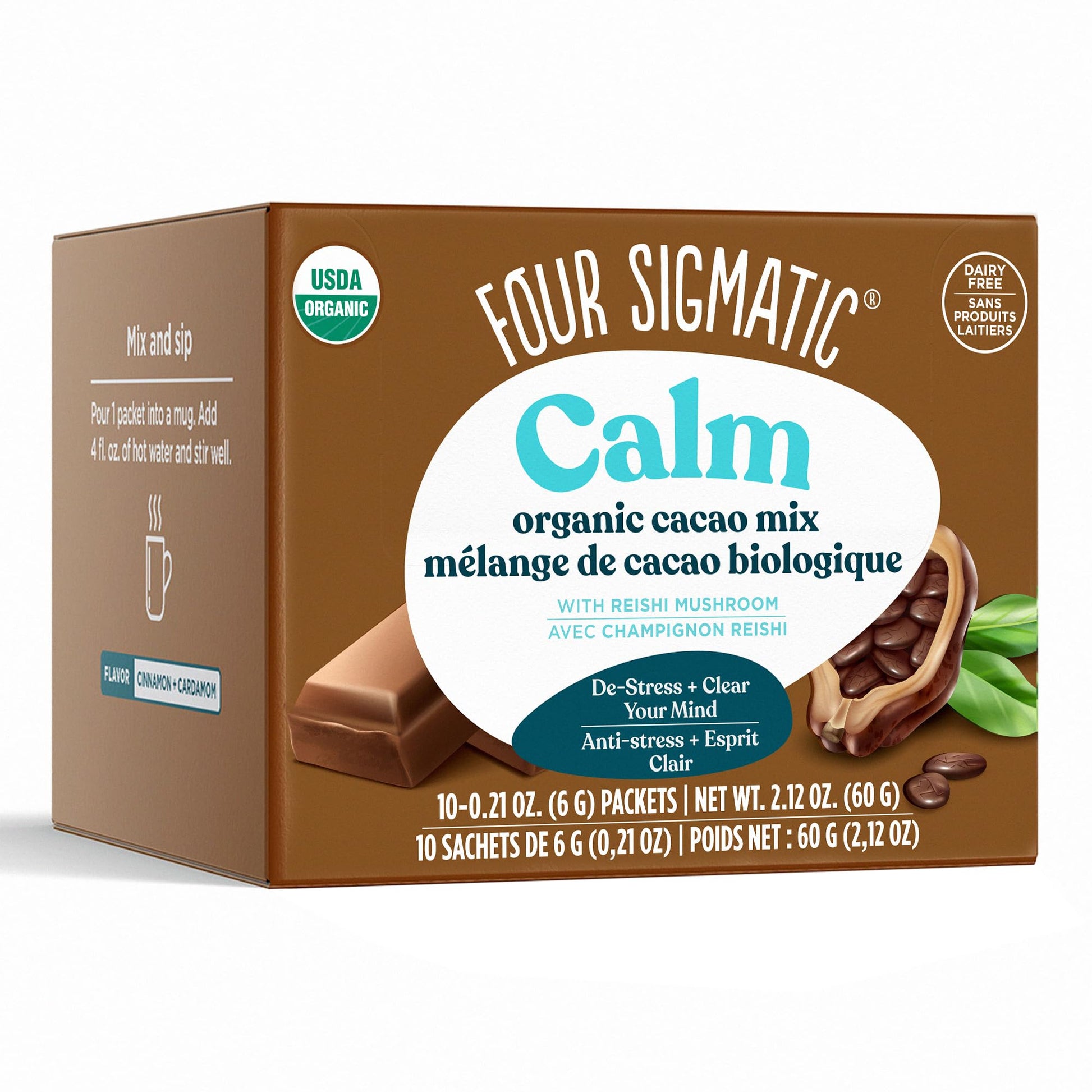 Four Sigmatic Calm Mushroom Cacao Mix | Organic Instant Cacao with Organic Reishi Mushroom Powder | Supports Calm & Relaxation | Drink it or Bake with it | Vegan, Gluten-Free, Dairy-Free | 10 Count Four Sigmatic