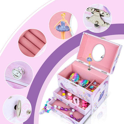 Homtibrm Musical Jewellery Box For Girls - Large Kids Jewellery Music Box with 2 Pullout Drawers & Unicorn Jewellery Set, Great Birthday Gifts for Girls Christmas Gifts (Pink Ballerina) 🍁 All In One Marketplace Canada