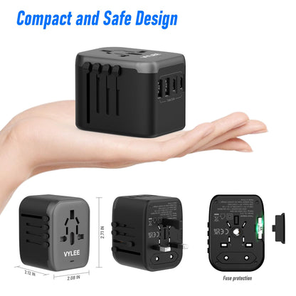 VYLEE Universal International Power Travel Plug Adapter, 5 in 1 European Travel Plug Adapter W/ 3.5A 2xUSB-A and 2xUSB C Wall Charger and Worldwide AC Outlet for Europe USA UK AUS Asia (Black Grey)