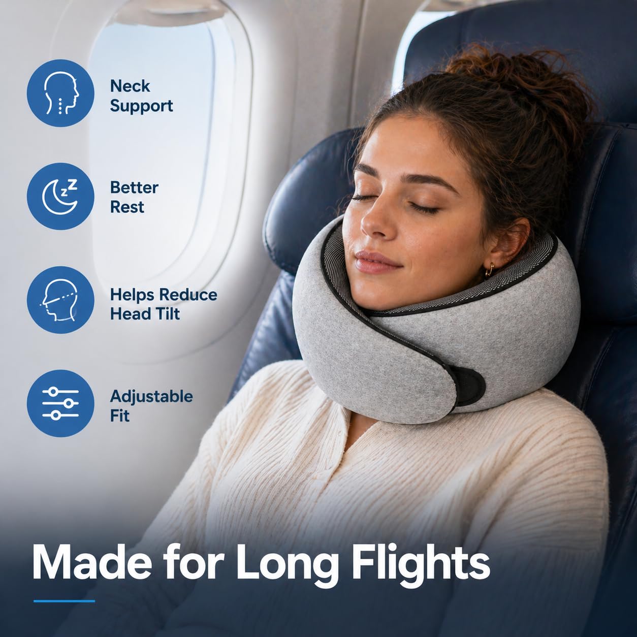 Purroch Neck Pillow Airplane, Travel Pillow with Eye Mask & Earplugs, Memory Foam Pillow with Adjustable Velcro Strap, Pillows for Travel, Plane, Car, Home, Work, Light Grey - Available at All In One Marketplace Canada