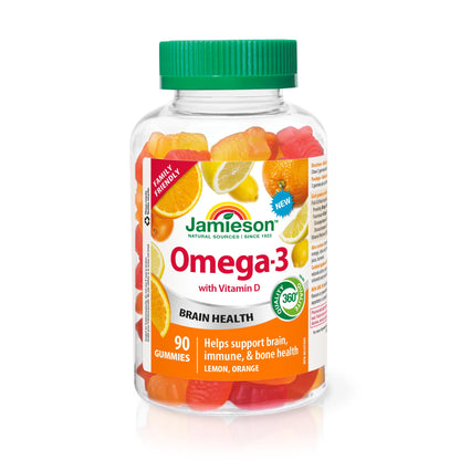 Jamieson Omega-3 Gummy with Vitamin D3, 90 Gummies, Orange and Lemon Flavours, Family Friendly (3+). Supports Brain Health and Immune Health, Non-GMO No Artificial Colours, Flavours, or Preservatives