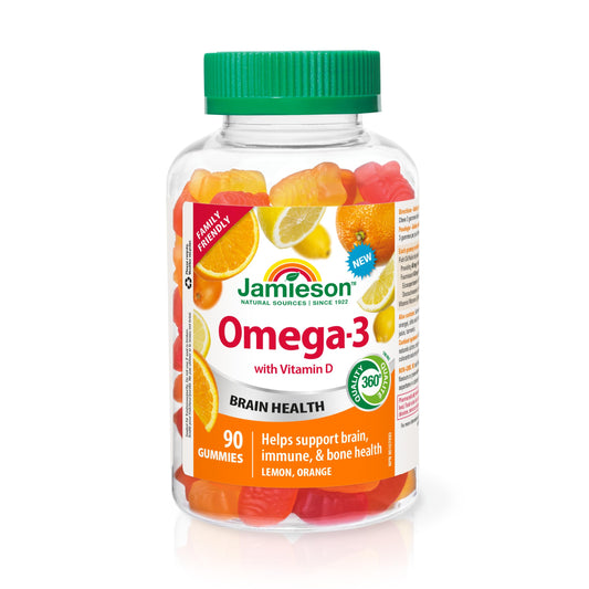 Jamieson Omega-3 Gummy with Vitamin D3, 90 Gummies, Orange and Lemon Flavours, Family Friendly (3+). Supports Brain Health and Immune Health, Non-GMO No Artificial Colours, Flavours, or Preservatives