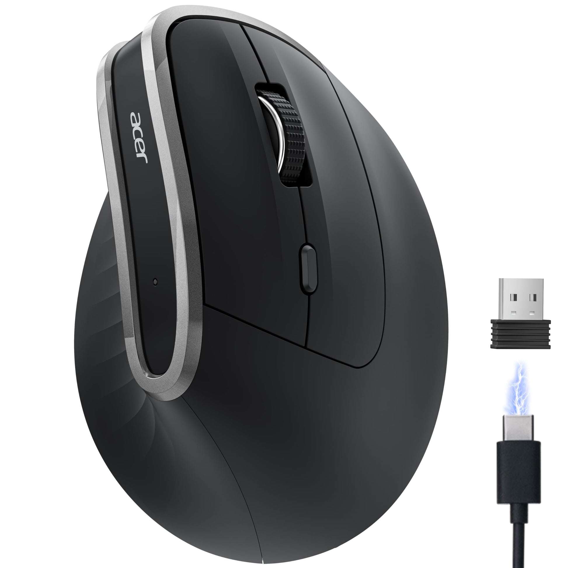 Acer Wireless Ergonomic Mouse, Rechargeable Vertical Mouse, 3 Adjustable DPI 1600/1200/1000, Ergo Mice, 2.4GHz Computer Mouse with 6 Buttons, 2.4GHz USB Receiver for Laptop, PC, Desktop