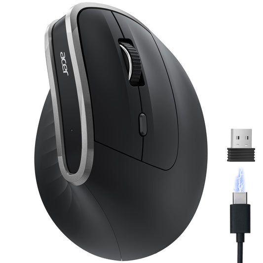 Acer Wireless Ergonomic Mouse, Rechargeable Vertical Mouse, 3 Adjustable DPI 1600/1200/1000, Ergo Mice, 2.4GHz Computer Mouse with 6 Buttons, 2.4GHz USB Receiver for Laptop, PC, Desktop